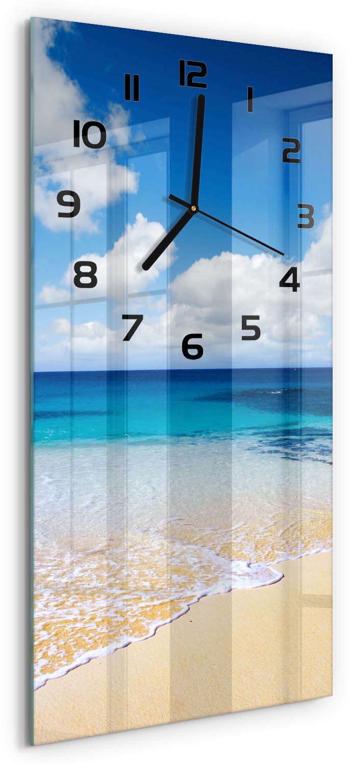 Tulup Wandklok - Kalme zee Klok Glas Met Opdruk - 30x60 cm - Blauw Moderne Wandklok Glas - Zwarte handen - Rechthoekige Klok - Decoratieve Glazen Klok - Glazen Wandklok Design