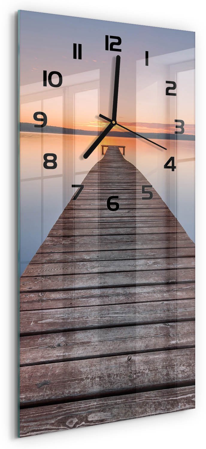 Tulup Wandklok - Houten brug Gekleurde Glazen Klok - 30x60 cm - Bruin Glazen Klok Met Print - Zwarte handen - Rechthoekige Klok - Moderne Wandklok Glas - Wandklok Glas Decoratie