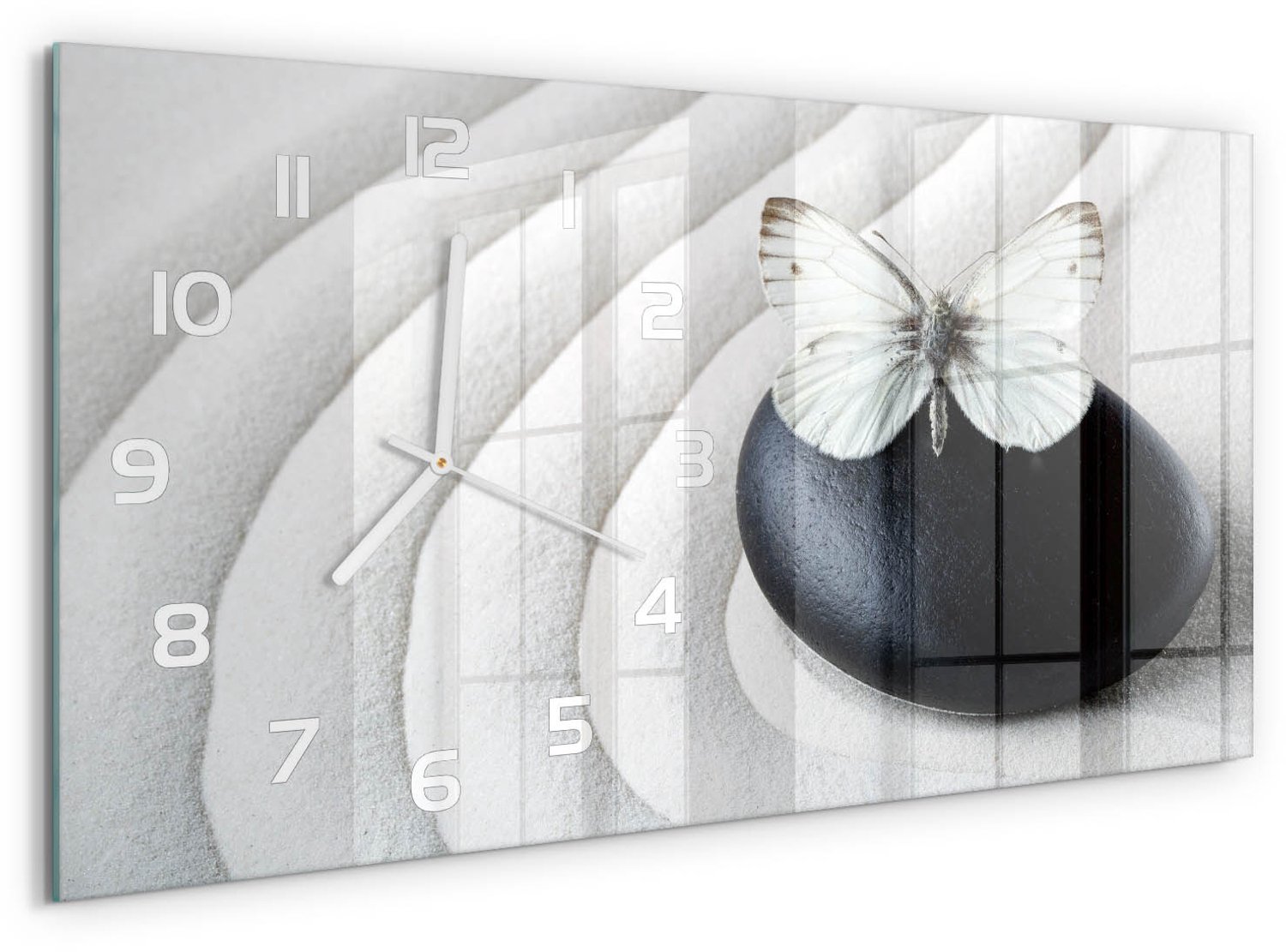 TULUP Wandklok - Zensteen en vlinder Klok Glas Met Opdruk - 60x30 cm - Wit Moderne Wandklok Glas - Witte handen - Rechthoekige Klok - Decoratieve Glazen Klok - Glazen Wandklok Design