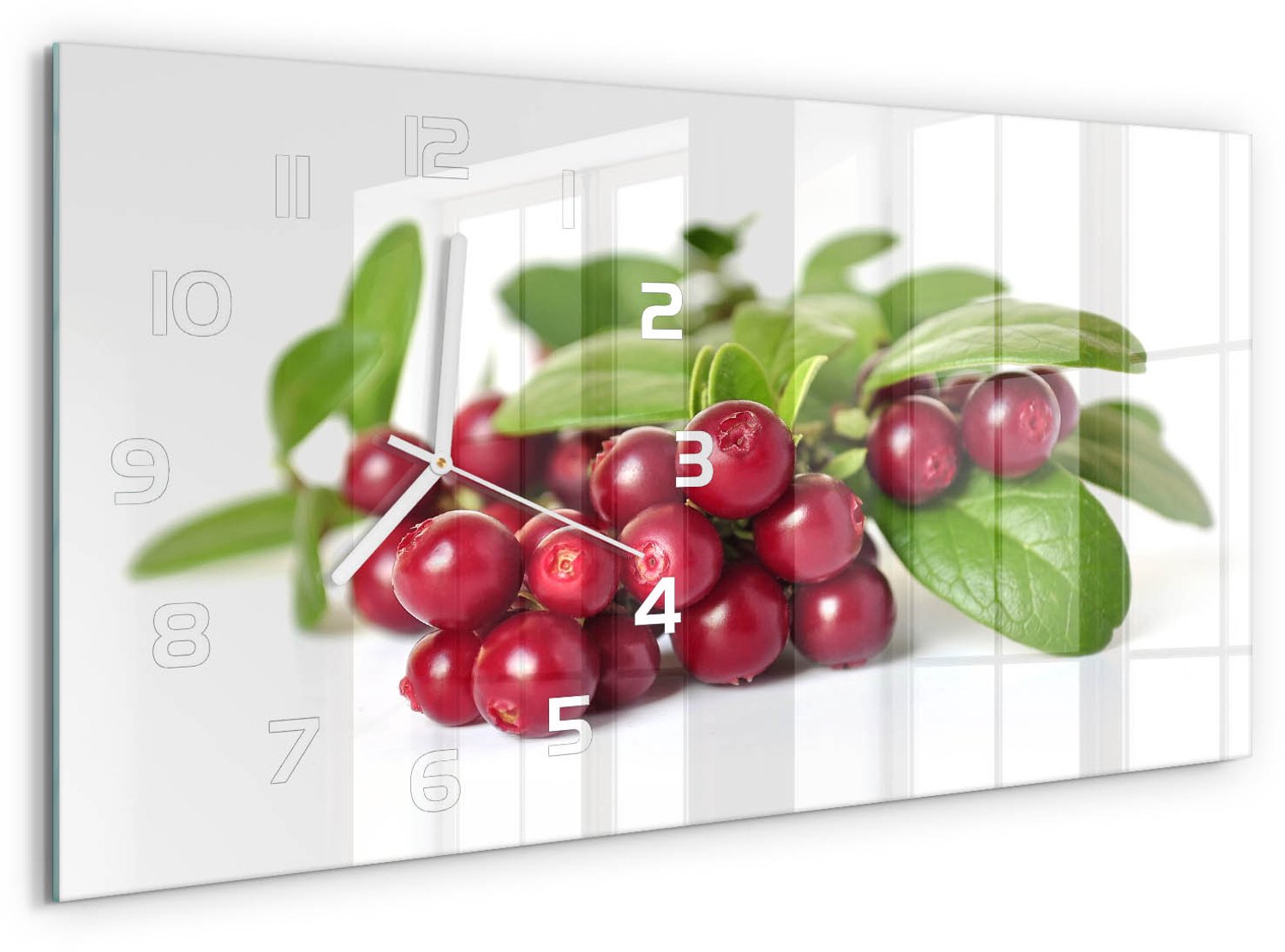TULUP Wandklok - Cranberries Glazen Klok Met Print - 60x30 cm - Rood Wandklok Glas Met Motief - Witte handen - Rechthoekige Klok - Wandklok Glas Decoratie - Gekleurde Glazen Klok