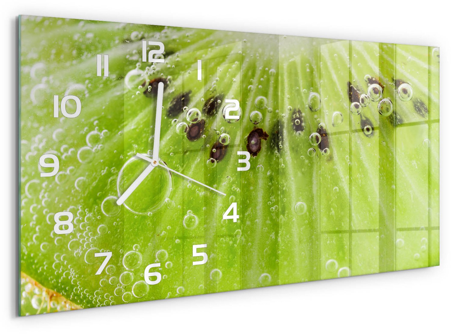 TULUP Wandklok - Kiwi Glazen Klok Met Print - 60x30 cm - Groente Wandklok Glas Met Motief - Witte handen - Rechthoekige Klok - Wandklok Glas Decoratie - Gekleurde Glazen Klok