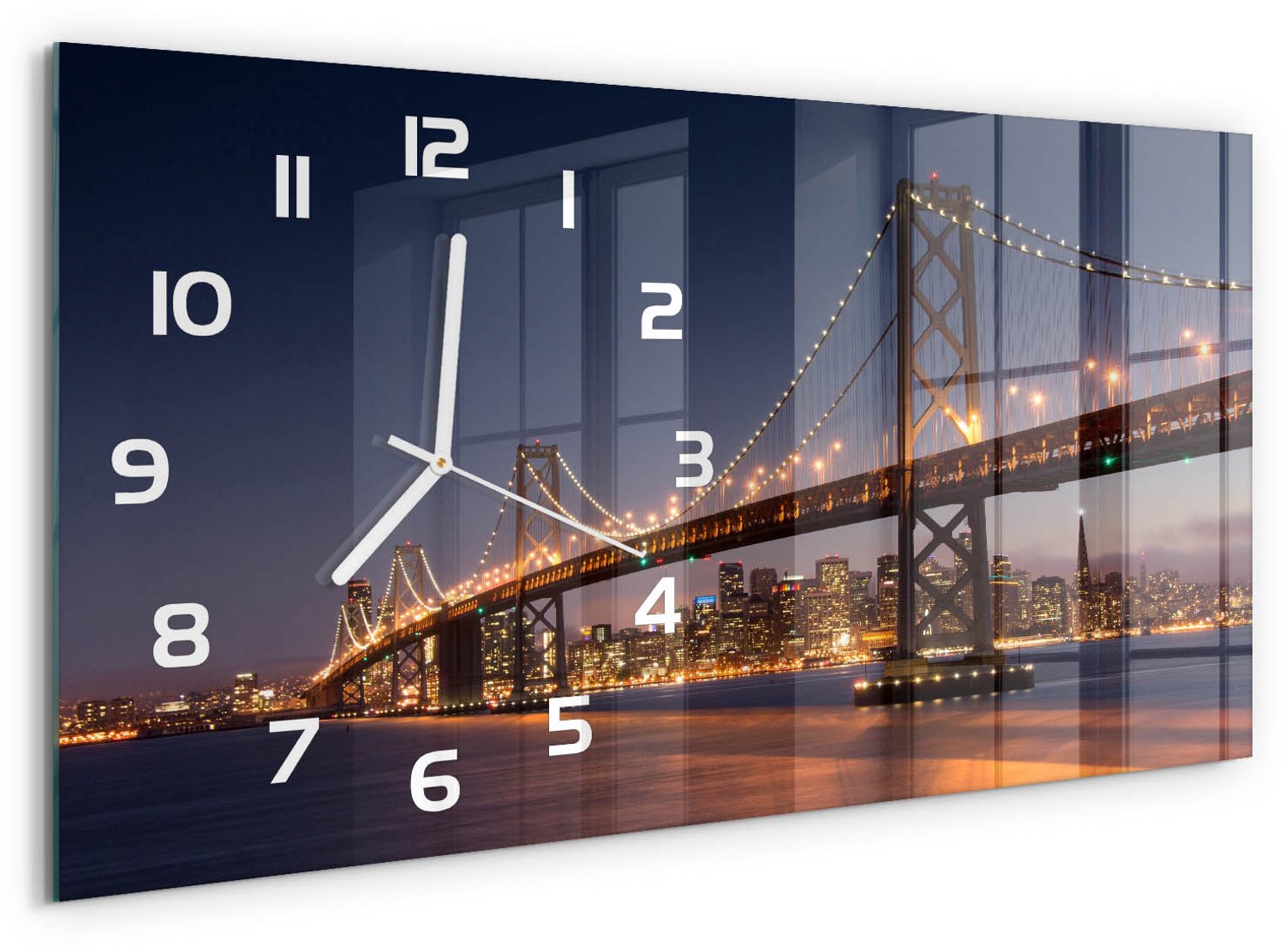 TULUP Wandklok - San Francisco-brug Klok Glas Met Opdruk - 60x30 cm - Oranje Moderne Wandklok Glas - Witte handen - Rechthoekige Klok - Decoratieve Glazen Klok - Glazen Wandklok Design