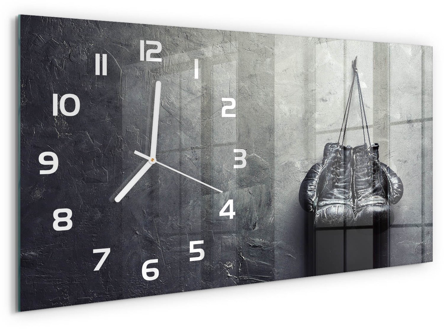 TULUP Wandklok - Bokshandschoenen Moderne Wandklok Glas - 60x30 cm - Zwart-wit Wandklok Glas Decoratie - Witte handen - Rechthoekige Klok - Glazen Wandklok Design - Klok Glas Met Opdruk