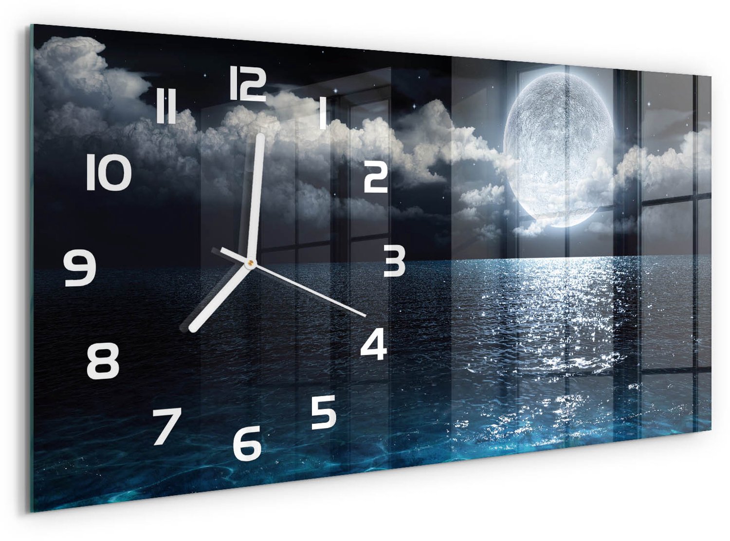 TULUP Wandklok - Volle maan Klok Glas Met Opdruk - 60x30 cm - Blauw Moderne Wandklok Glas - Witte handen - Rechthoekige Klok - Decoratieve Glazen Klok - Glazen Wandklok Design