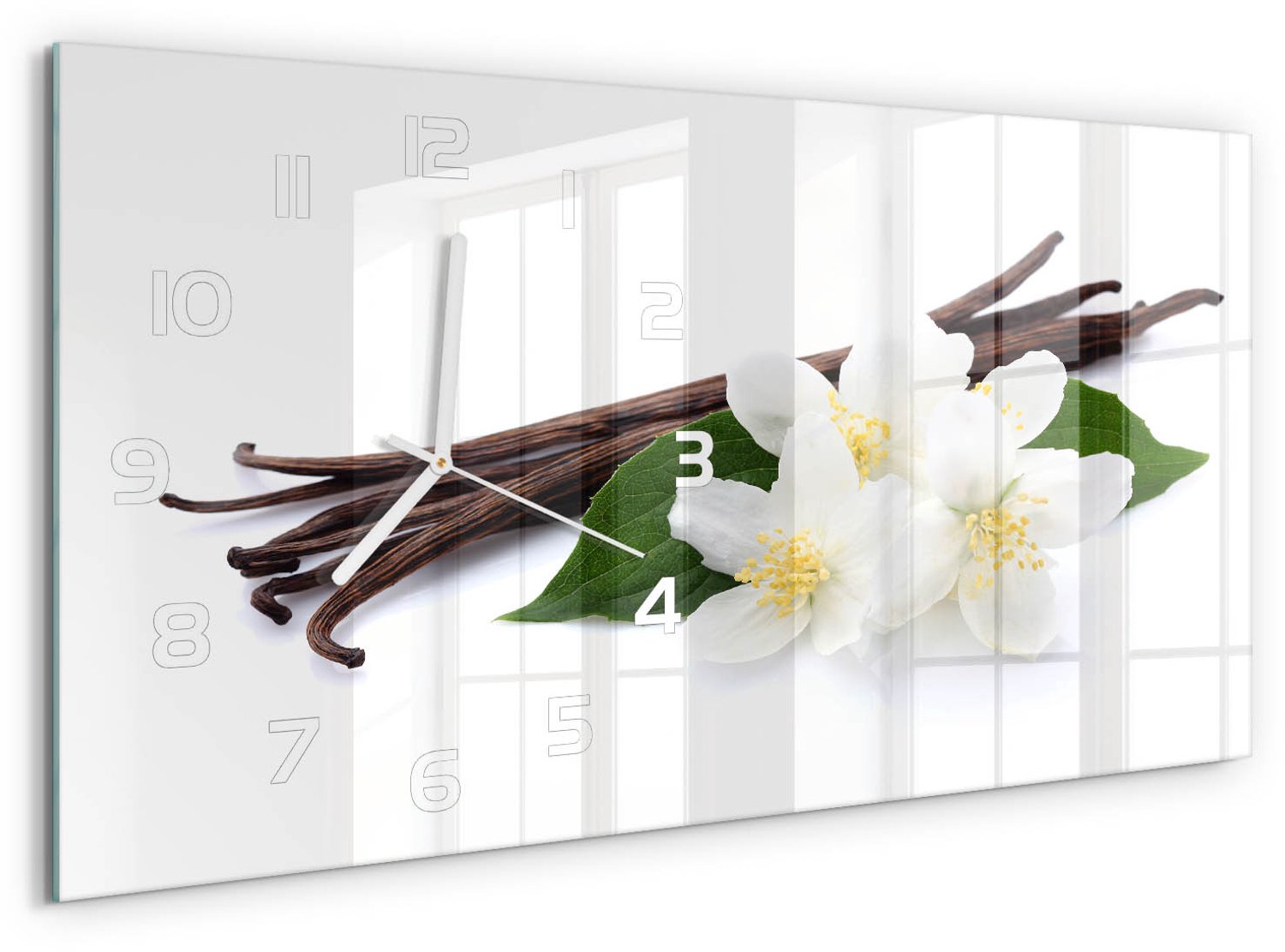 TULUP Wandklok - Jasmijn en vanille Decoratieve Glazen Klok - 60x30 cm - Bruin Glazen Wandklok Design - Witte handen - Rechthoekige Klok - Glazen Klok Met Print - Wandklok Glas Met Motief