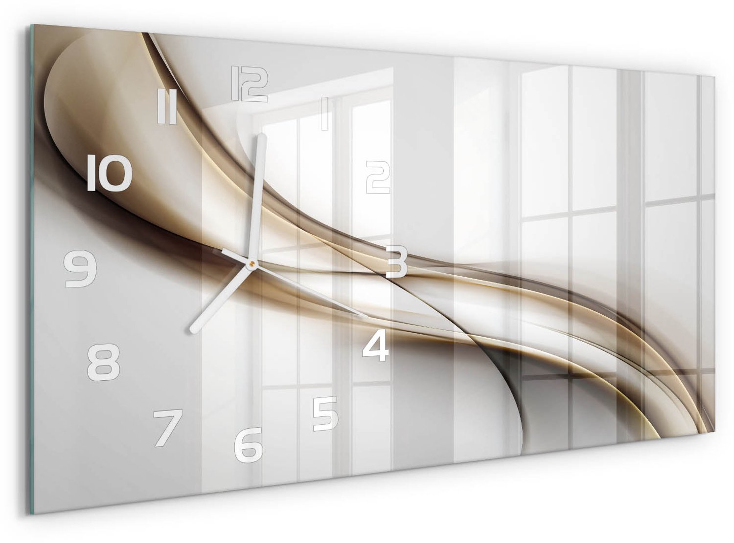TULUP Wandklok - Bruine golf Glazen Wandklok Design - 60x30 cm - Beige Klok Glas Met Opdruk - Witte handen - Rechthoekige Klok - Wandklok Glas Met Motief - Decoratieve Glazen Klok