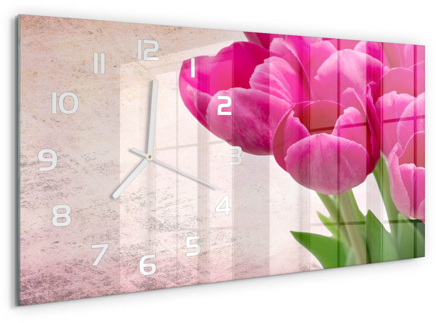 TULUP Wandklok - Roze tulpen Moderne Wandklok Glas - 60x30 cm - Paars Wandklok Glas Decoratie - Witte handen - Rechthoekige Klok - Glazen Wandklok Design - Klok Glas Met Opdruk
