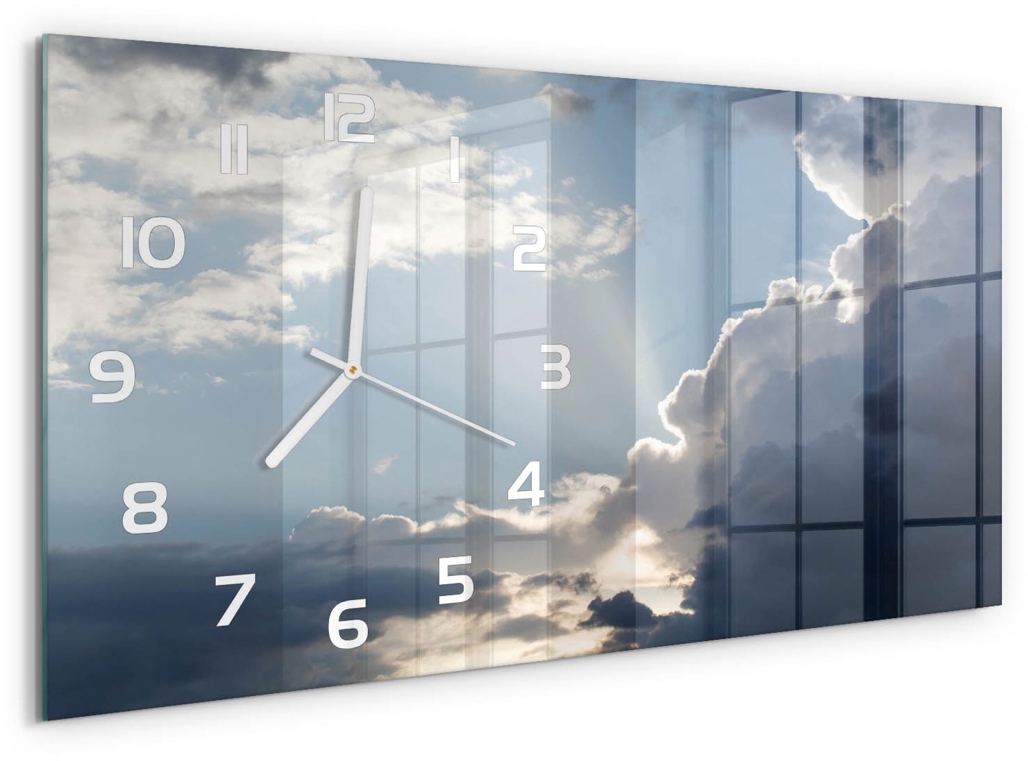 TULUP Wandklok - Wolken aan de hemel Wandklok Glas Met Motief - 60x30 cm - Blauw Decoratieve Glazen Klok - Witte handen - Rechthoekige Klok - Gekleurde Glazen Klok - Glazen Klok Met Print