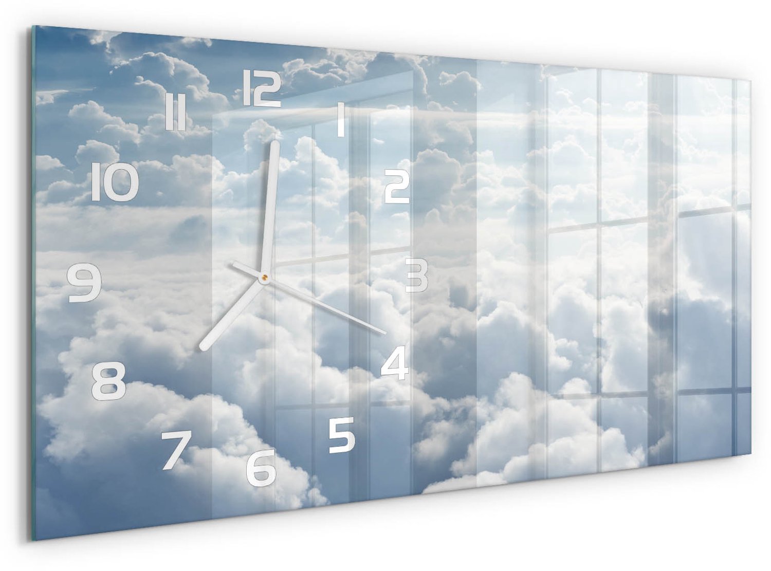 TULUP Wandklok - Wolken gezien vanuit vogelperspectief Gekleurde Glazen Klok - 60x30 cm - Wit Glazen Klok Met Print - Witte handen - Rechthoekige Klok - Moderne Wandklok Glas - Wandklok Glas Decoratie