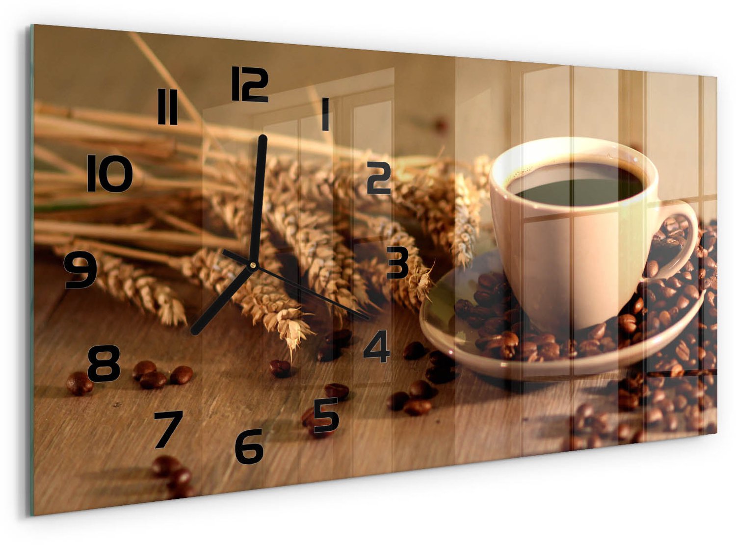 TULUP Wandklok - Aromatische koffie Decoratieve Glazen Klok - 60x30 cm - Bruin Glazen Wandklok Design - Zwarte handen - Rechthoekige Klok - Glazen Klok Met Print - Wandklok Glas Met Motief