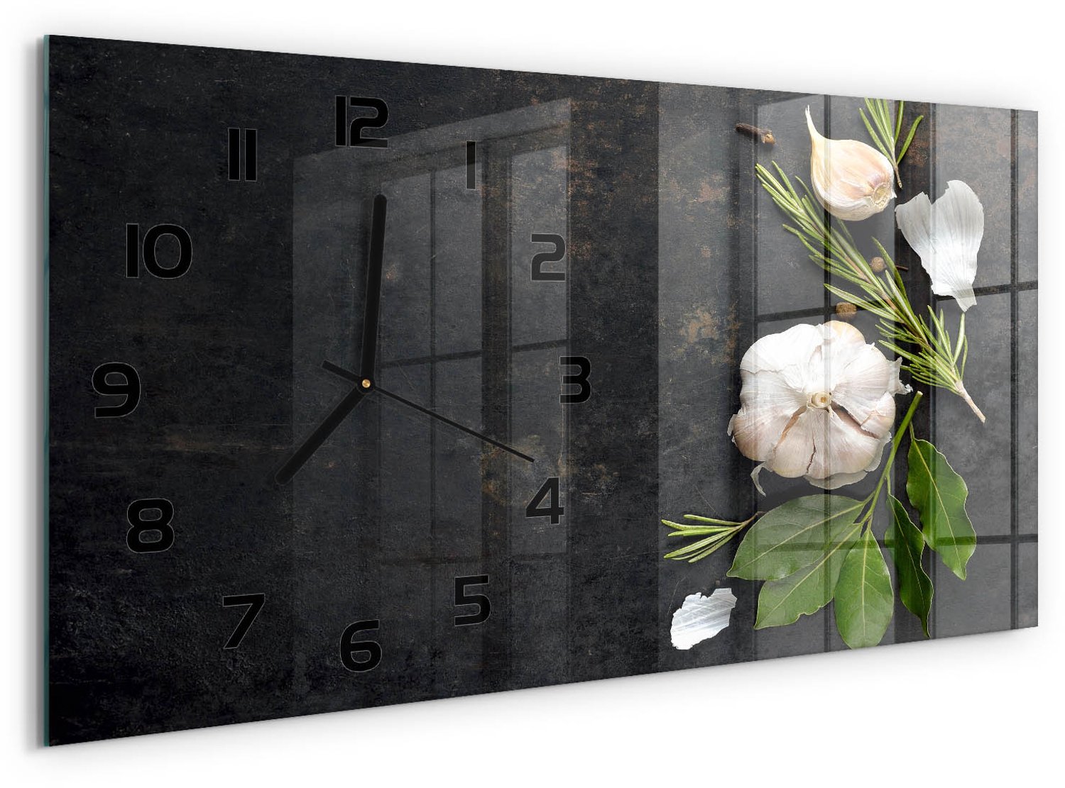 TULUP Wandklok - Knoflook Glazen Klok Met Print - 60x30 cm - Wit Wandklok Glas Met Motief - Zwarte handen - Rechthoekige Klok - Wandklok Glas Decoratie - Gekleurde Glazen Klok