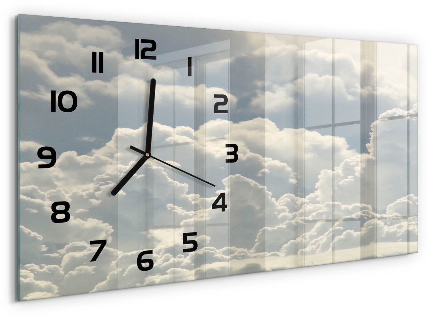 TULUP Wandklok - Wolken Glazen Wandklok Design - 60x30 cm - Wit Klok Glas Met Opdruk - Zwarte handen - Rechthoekige Klok - Wandklok Glas Met Motief - Decoratieve Glazen Klok