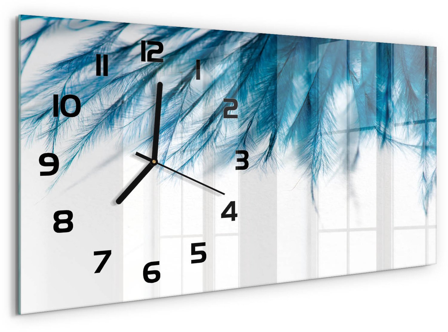 TULUP Wandklok - Blauwe veren Decoratieve Glazen Klok - 60x30 cm - Blauw Glazen Wandklok Design - Zwarte handen - Rechthoekige Klok - Glazen Klok Met Print - Wandklok Glas Met Motief