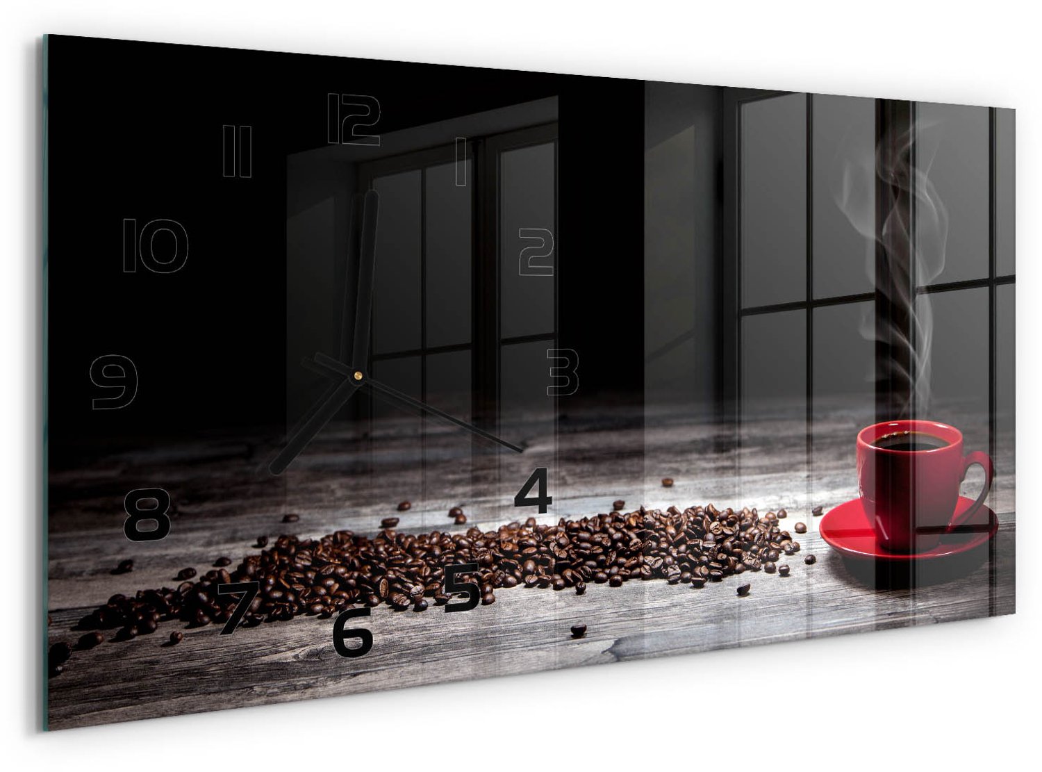 TULUP Wandklok - Aromatische koffie Klok Glas Met Opdruk - 60x30 cm - Rood Moderne Wandklok Glas - Zwarte handen - Rechthoekige Klok - Decoratieve Glazen Klok - Glazen Wandklok Design