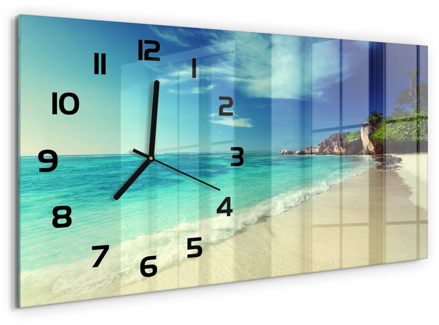 TULUP Wandklok - strand op de Seychellen Wandklok Glas Decoratie - 60x30 cm - Blauw Gekleurde Glazen Klok - Zwarte handen - Rechthoekige Klok - Klok Glas Met Opdruk - Moderne Wandklok Glas