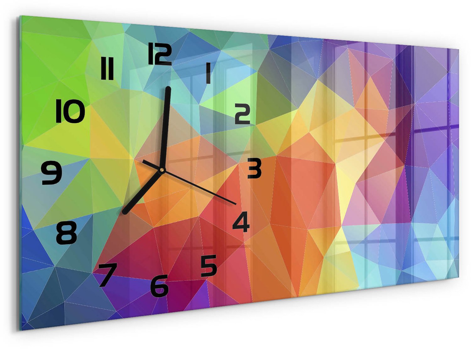 TULUP Wandklok - Geometrische achtergrond Moderne Wandklok Glas - 60x30 cm - Veelkleurig Wandklok Glas Decoratie - Zwarte handen - Rechthoekige Klok - Glazen Wandklok Design - Klok Glas Met Opdruk