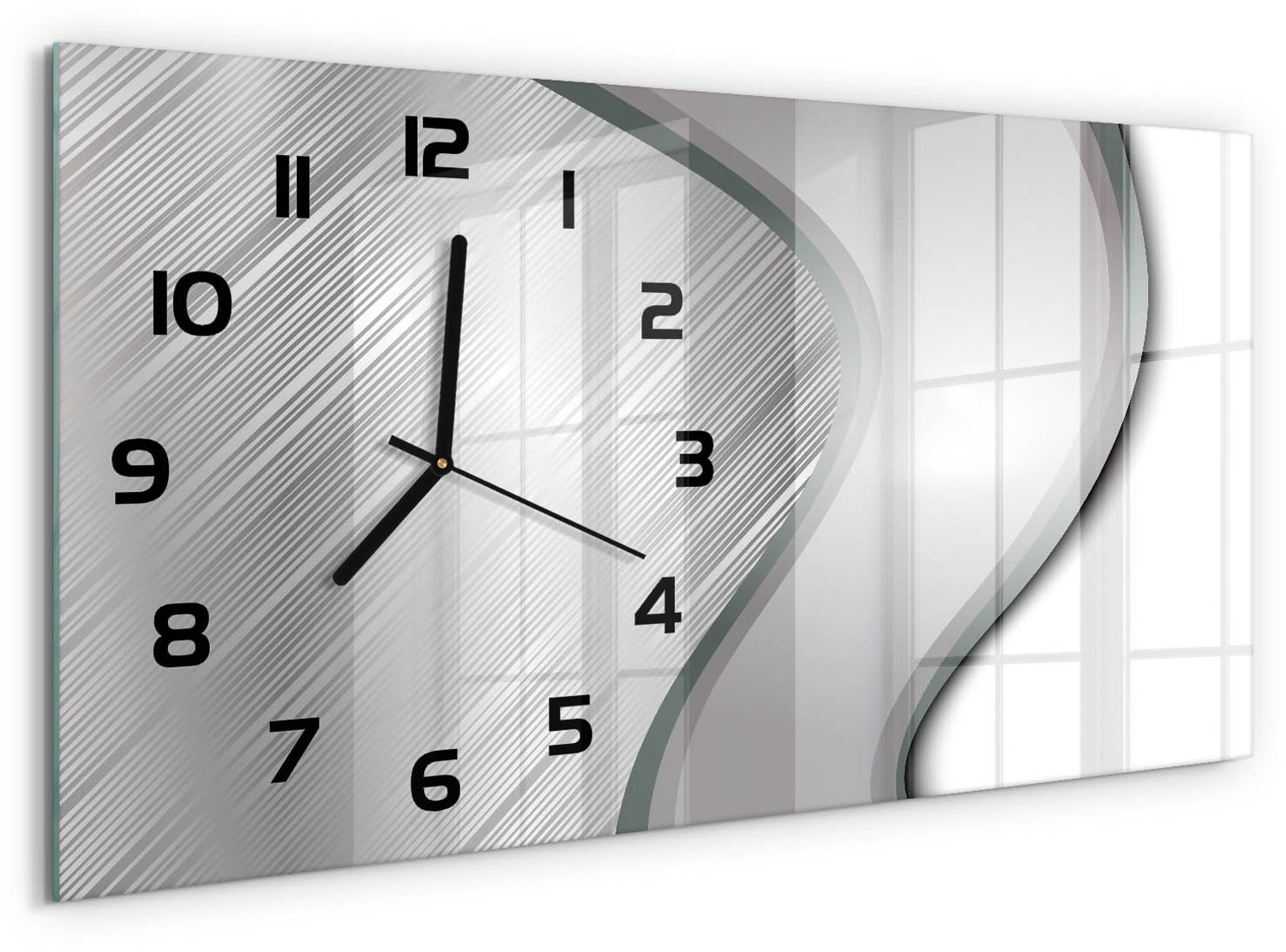 TULUP Wandklok - Metaalabstractie Decoratieve Glazen Klok - 60x30 cm - Zilver Glazen Wandklok Design - Zwarte handen - Rechthoekige Klok - Glazen Klok Met Print - Wandklok Glas Met Motief