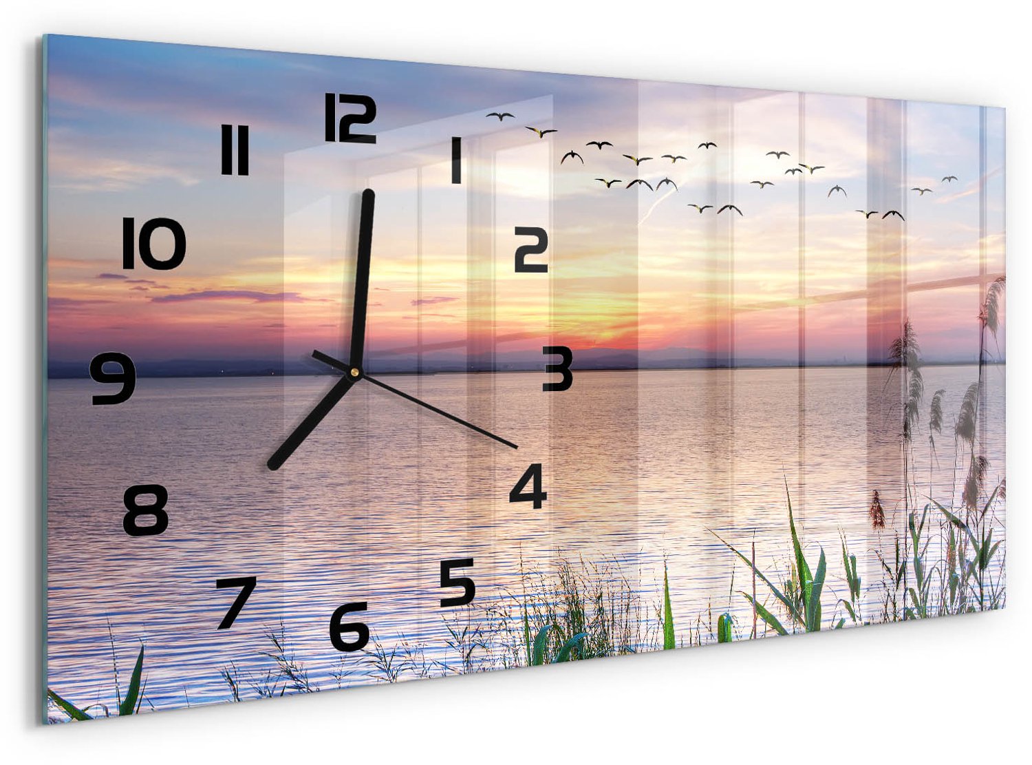 TULUP Wandklok - Westmeer Wandklok Glas Met Motief - 60x30 cm - Oranje Decoratieve Glazen Klok - Zwarte handen - Rechthoekige Klok - Gekleurde Glazen Klok - Glazen Klok Met Print