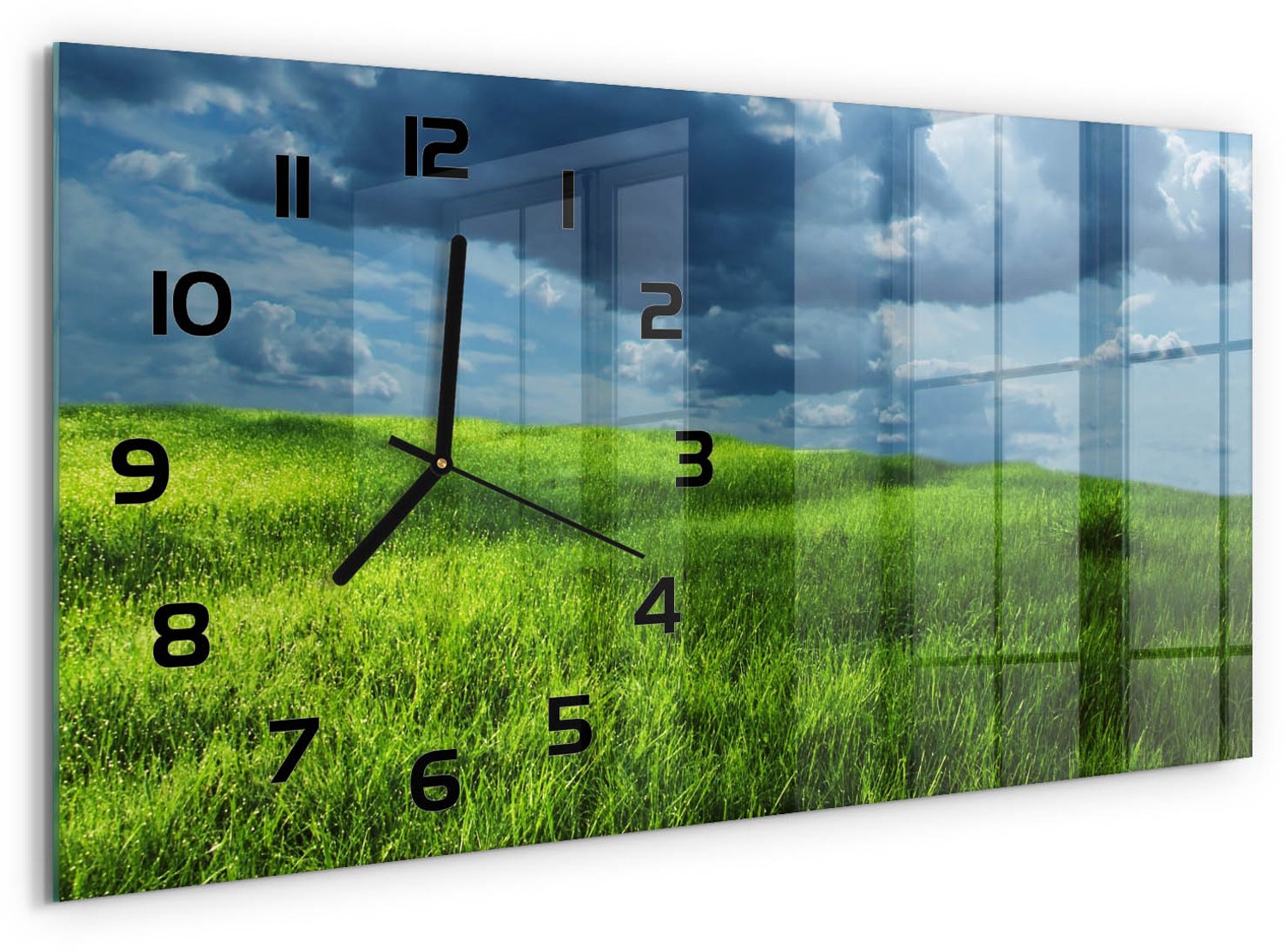 TULUP Wandklok - Wolken boven het veld Glazen Klok Met Print - 60x30 cm - Groente Wandklok Glas Met Motief - Zwarte handen - Rechthoekige Klok - Wandklok Glas Decoratie - Gekleurde Glazen Klok