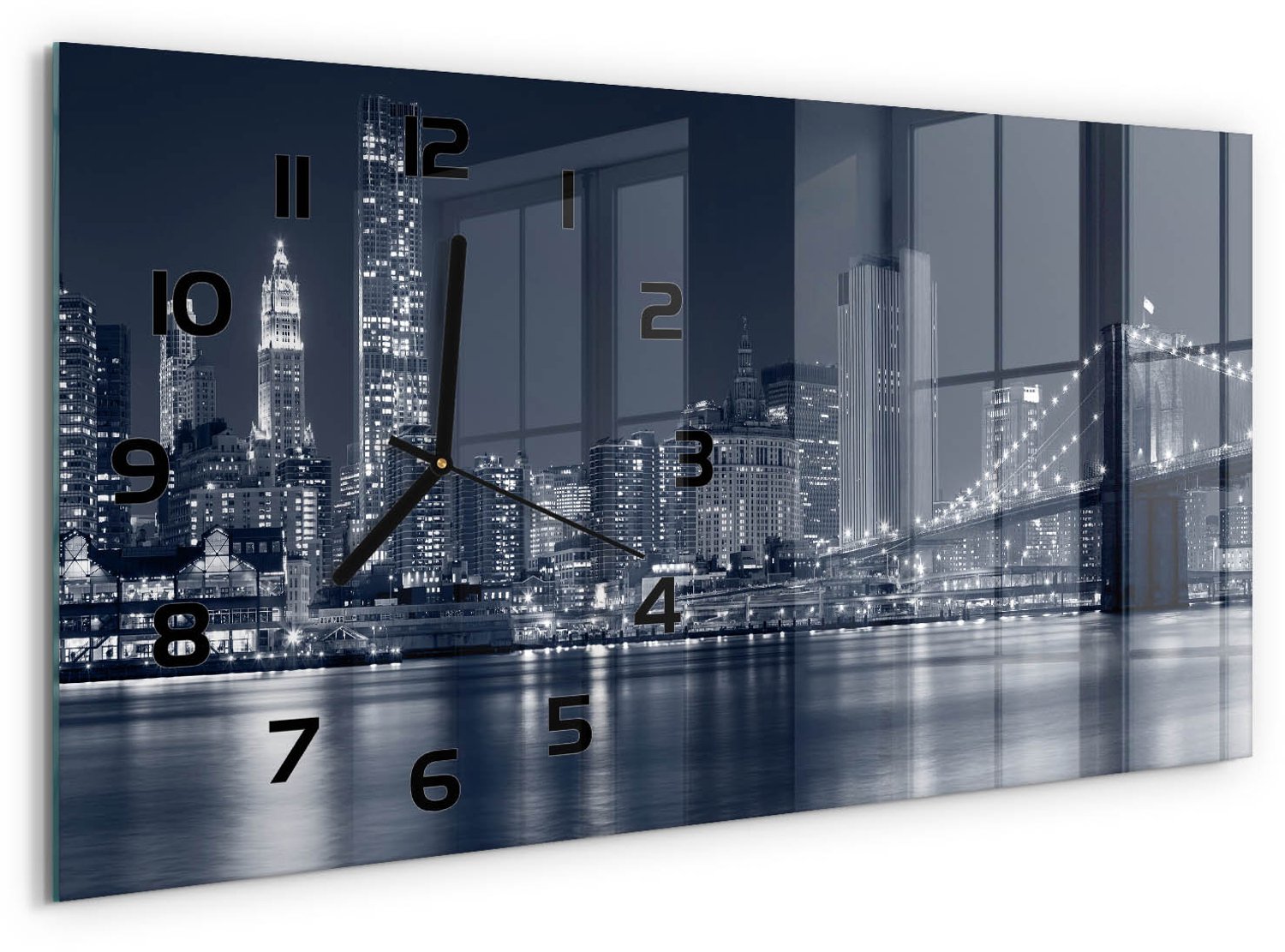 TULUP Wandklok - Manhattan, New York Moderne Wandklok Glas - 60x30 cm - Grijs Wandklok Glas Decoratie - Zwarte handen - Rechthoekige Klok - Glazen Wandklok Design - Klok Glas Met Opdruk