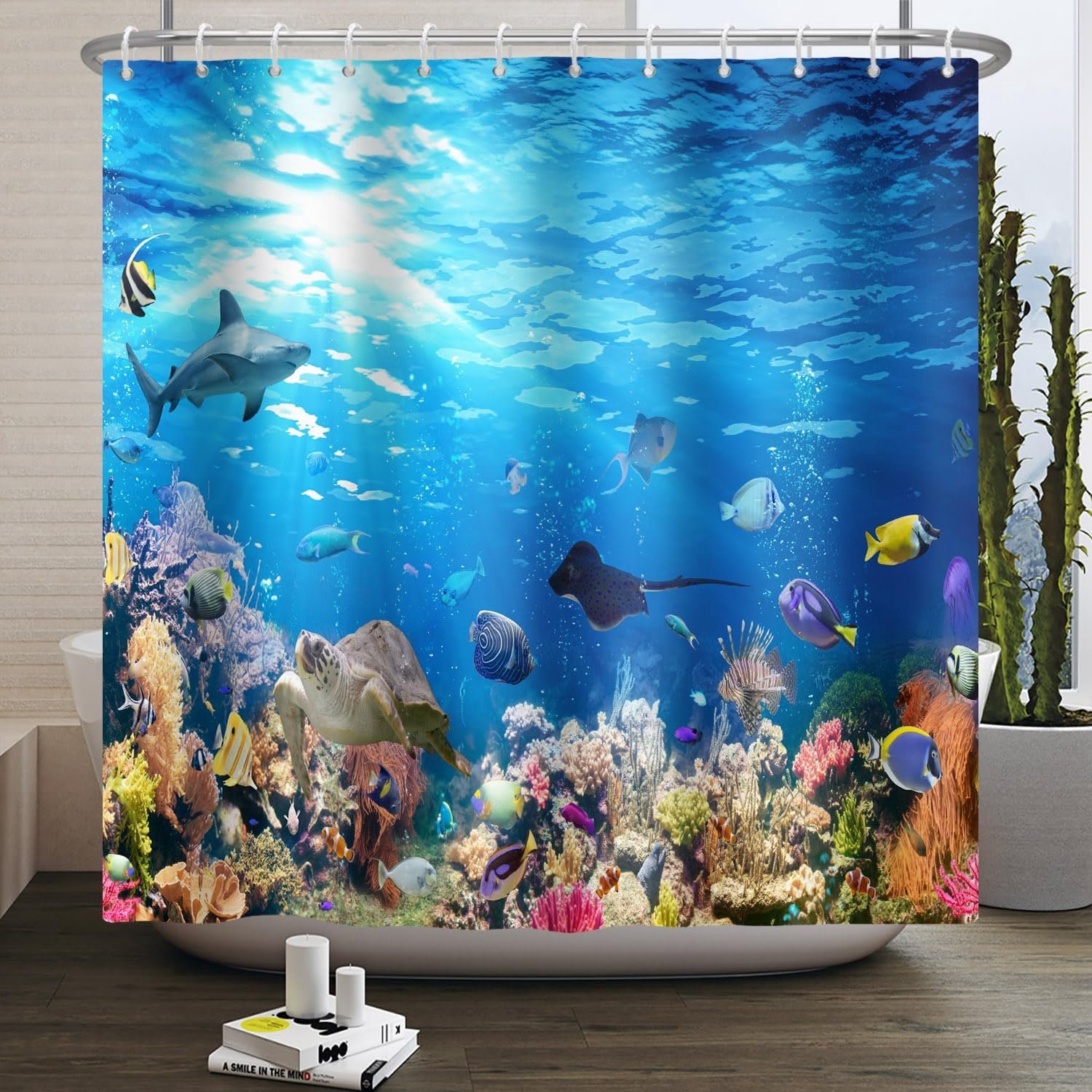 165x183cm Onder De Zee Douchegordijn Veelkleurige Koraalrif Vissen Walvissen Schildpadden Onderwater Dieren Thema Bad Gordijn voor Kinderen Badkamer Decor Waterdicht met Haken