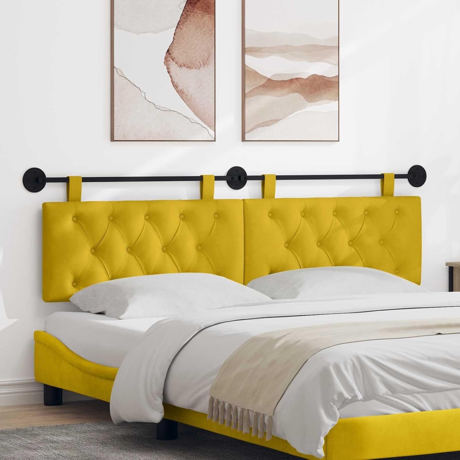 Hoofdeinde met ledlampje, velours, geel, met knopen - rugleuning voor bed, slaapkamer, eetkamer