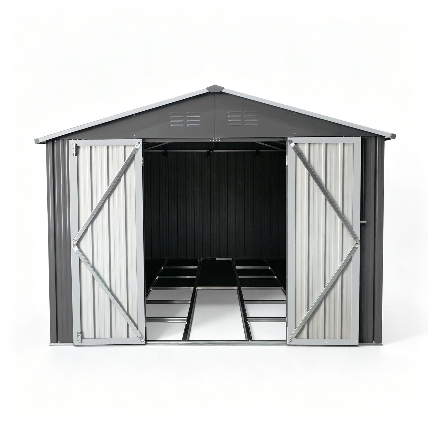 Metalen tuinhuis - Verzinkt stalen tuinschuur met vloerframe - Dubbele deuren en zadeldak - Voor tuinopslag - Grijs 300 x 248,6 x 191,5 cm