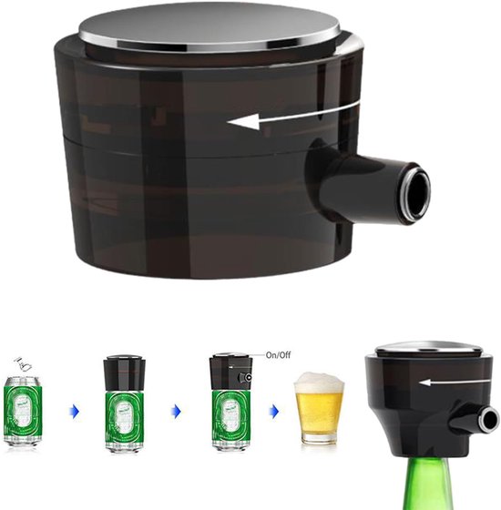 Zwarte bierschuimer met een stappenplan voor installatie op een bierblikje.
