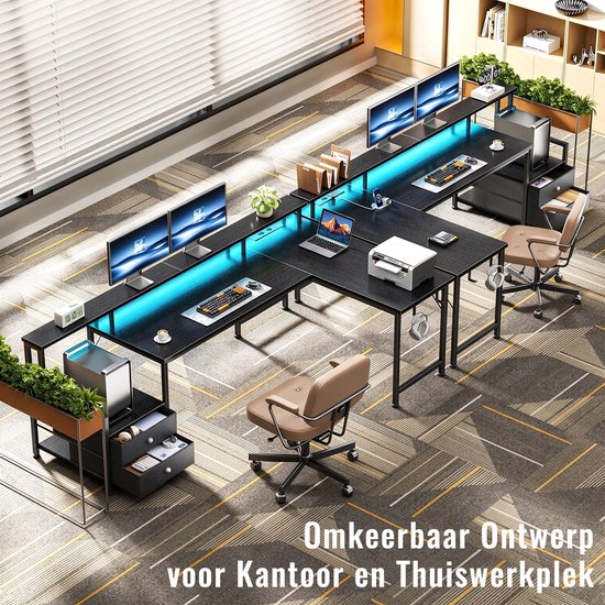 Omkeerbaar zwart bureau met RGB-verlichting, geschikt voor kantoor en thuiswerkplek.