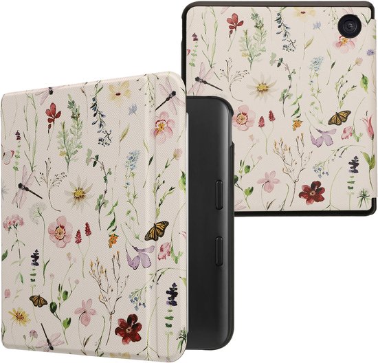kwmobile e-reader hoesje geschikt voor Kobo Libra Colour hoes - E reader flip case met magnetische sluiting - Ereader cover - Daisy-varens design in wit / geel / groen — afbeelding 2