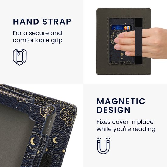 kwmobile e-reader hoesje geschikt voor Kobo Aura H2O Edition 2 hoes - E reader flip case van kunstleer - Ereader cover met stand - Tarotkaart design in donkerblauw / geel / zwart — afbeelding 3