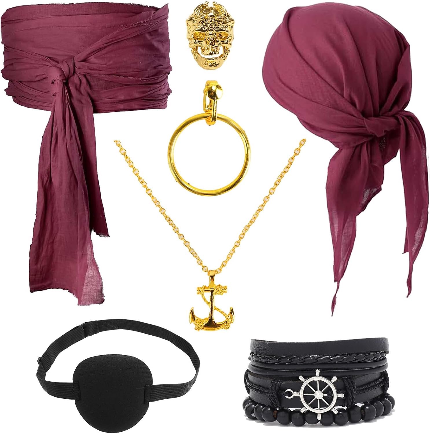 7 stuks piratenkostuum voor dames en heren, piratenkostuum, accessoires met hoofddoek, oorring, halsketting, piratenkostuum, accessoires voor carnaval, Halloween en piratenfeest, kinderen