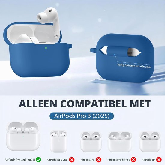 With AirPods Pro 3 Case - Silicone Protective Cases for Apple AirPods Pro 3 Case Cover 2025 - Soft Shockproof Cover with Cleaning Kit and Carabiner for Women Men, Blue — afbeelding 3