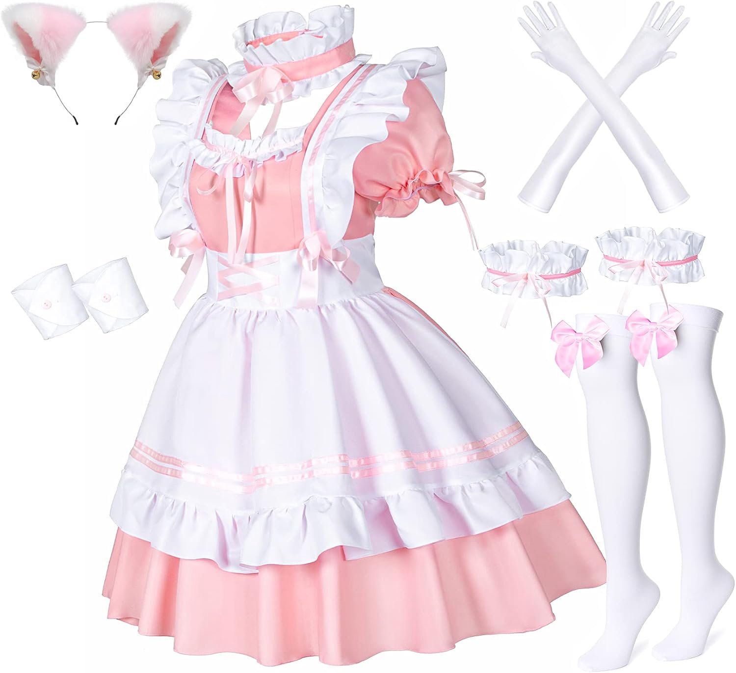 French Maid-schort, Lolita verkleedjurk, cosplaykostuum met pluizige kattenoren, handschoenen en sokken