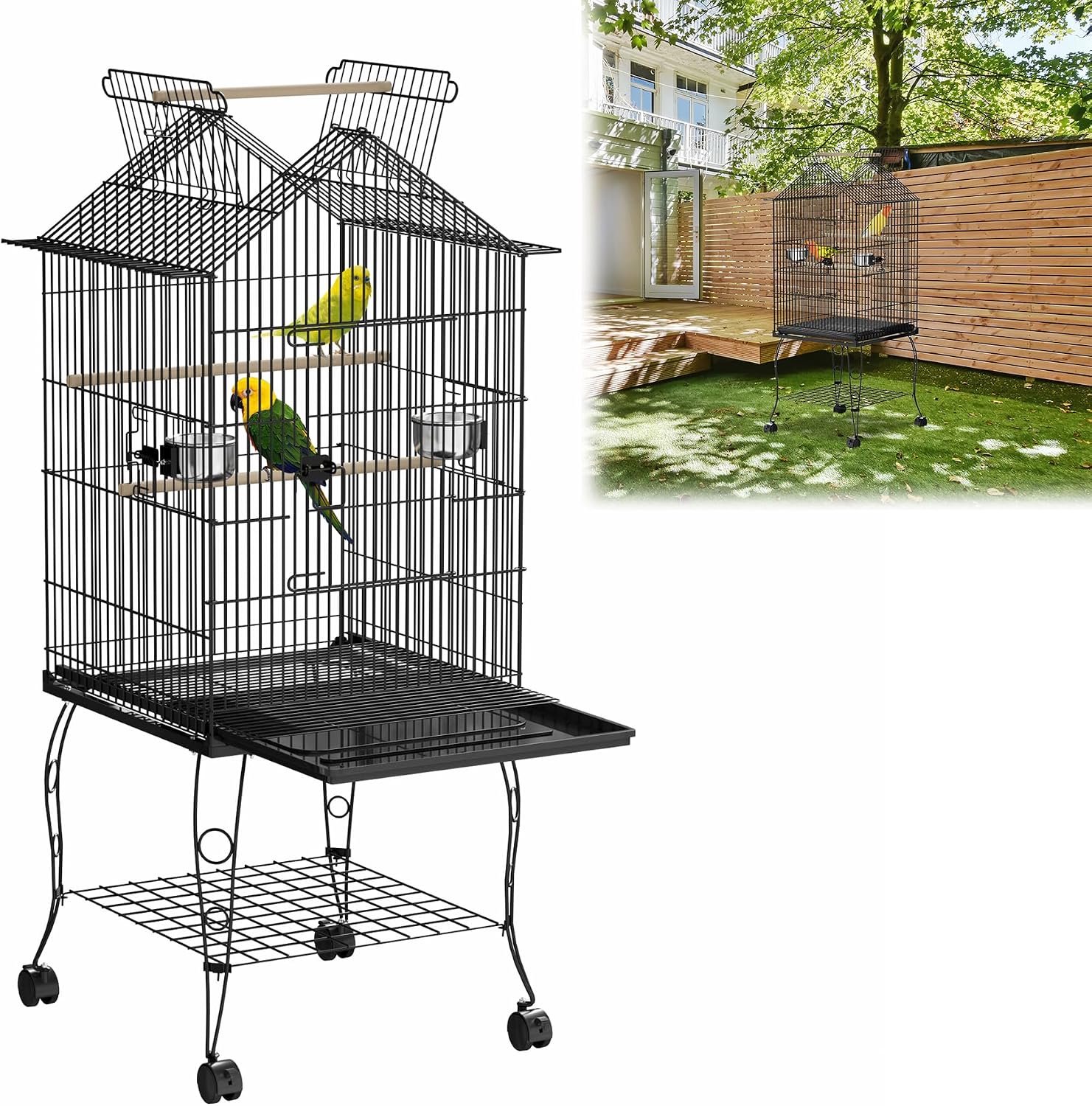 Vogelkooi met wielen en standaard - Vogelkooi voor parkieten, papegaaien en parkieten - Vogelkooi met houten palen en voederbakjes - Vogelvoeder type A
