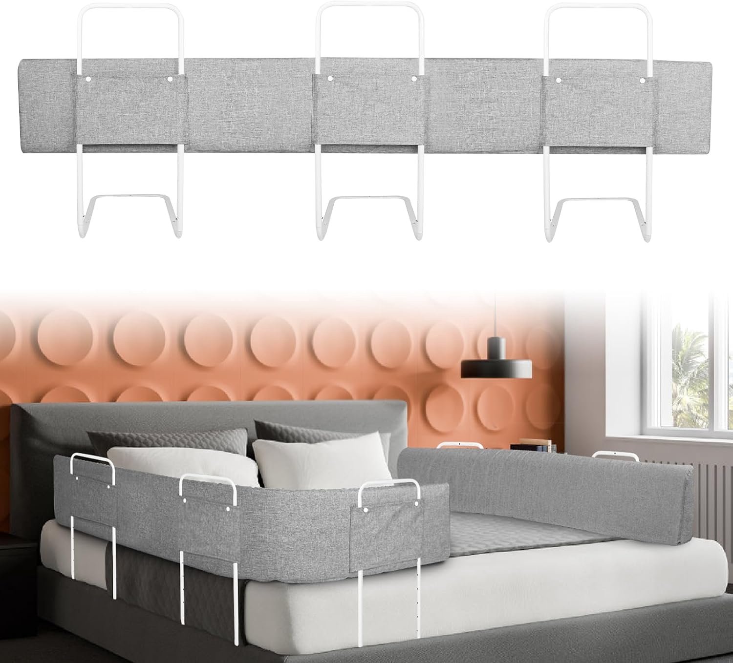 Bedhek, bedhekje voor peuters, in hoogte verstelbaar, bedrandbescherming met ritssluiting en drukknooplijst, draagbaar kinderbed, accessoires, 200 cm, grijs