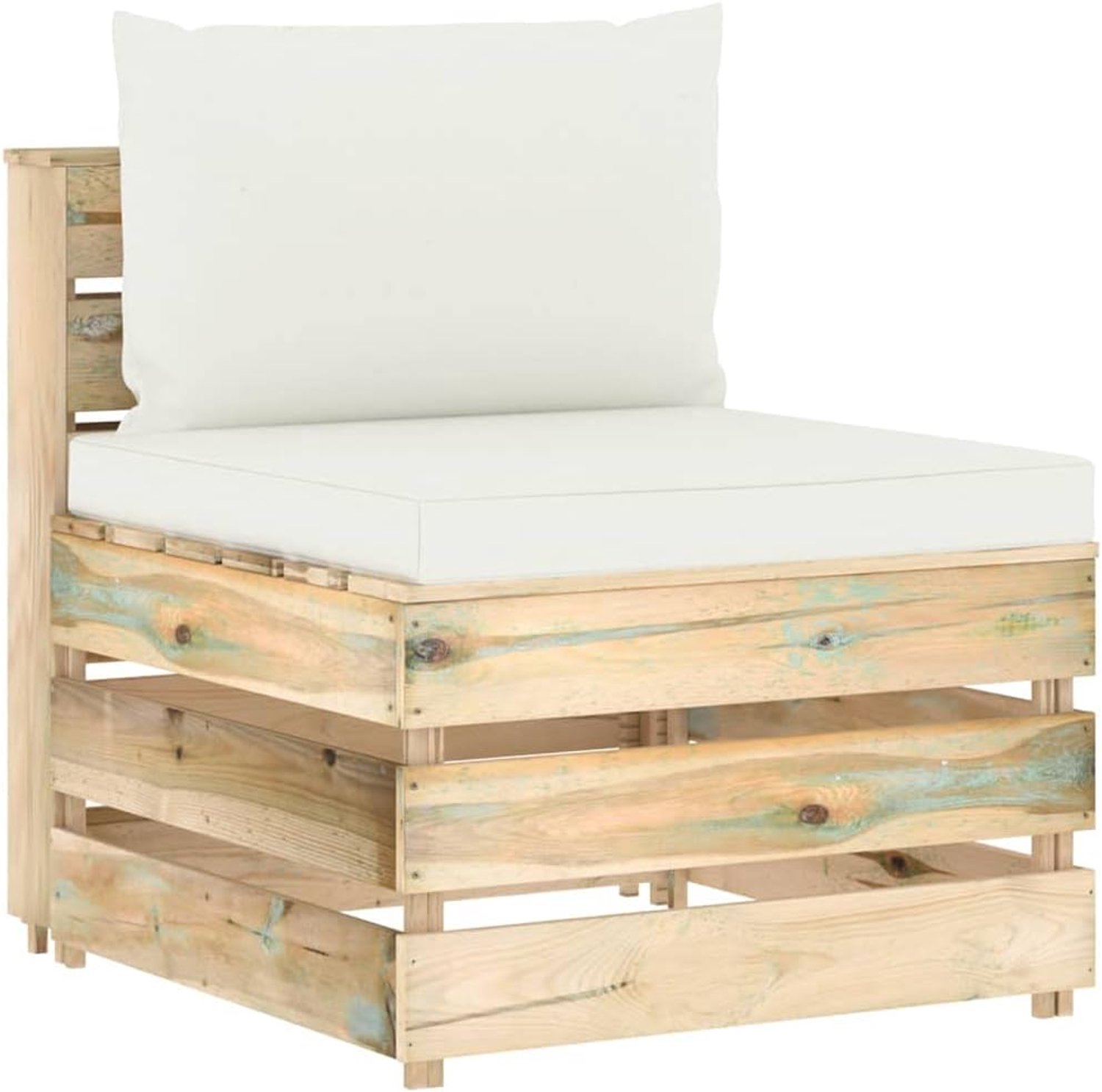 Middenbank van geïmpregneerd grenenhout in groen, palletdesign voor tuin of terras, duurzaam en onderhoudsvriendelijk, te combineren met andere lounge-meubels