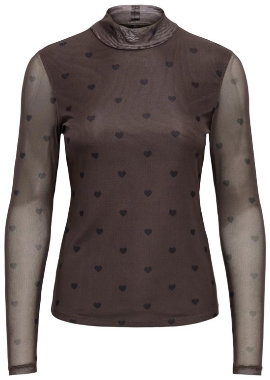 Bruine mesh top met lange mouwen en een all-over hartjesprint.