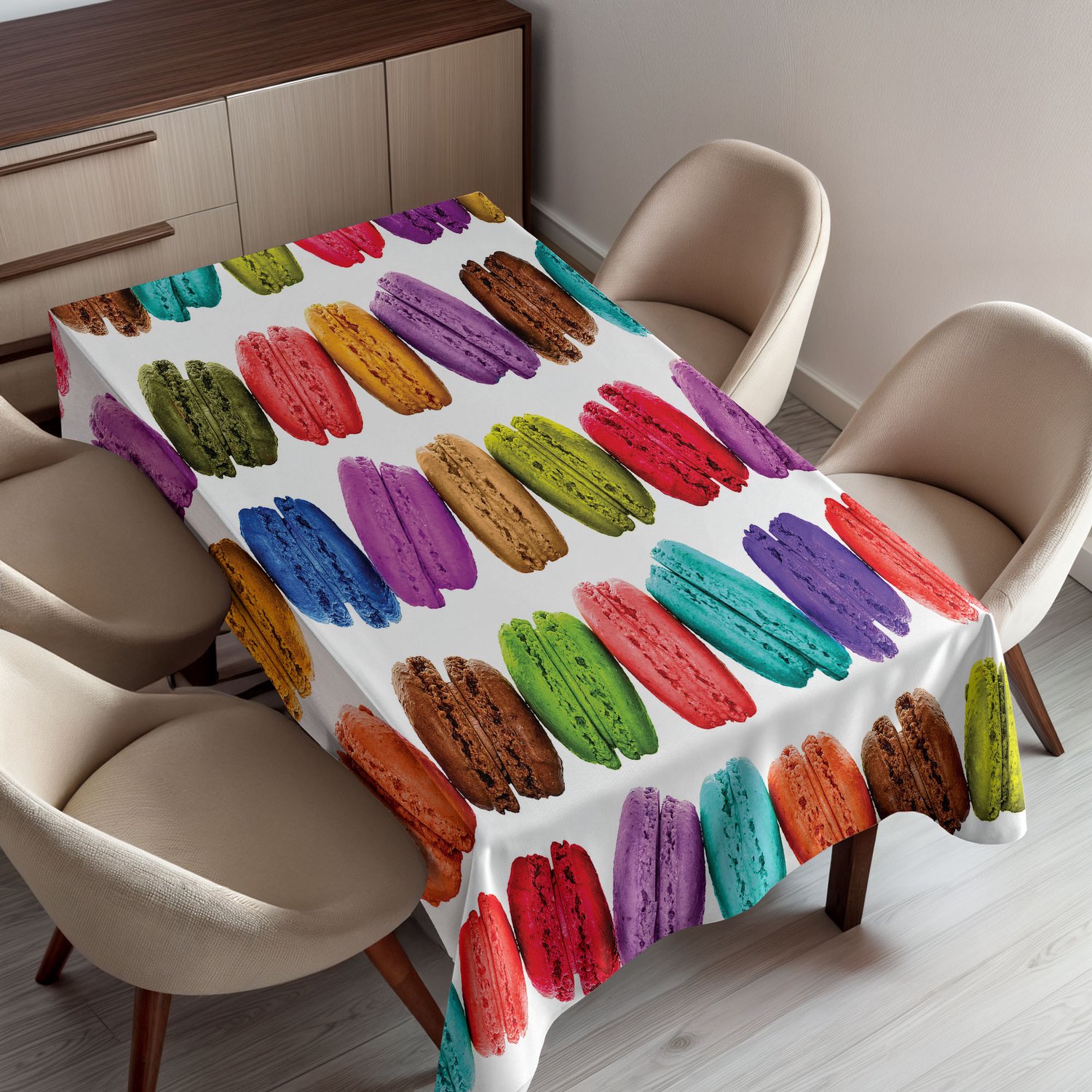 ABAKUHAUS Kleurrijk Tafelkleed, Franse Macarons op een Rij Koffiebar Koekjes Smaken Gebak Bakkerij Voedselontwerp, Rechthoekig Tafelkleed voor Eetkamer Keukendecoratie, 150 x 200 cm, Roze Paars