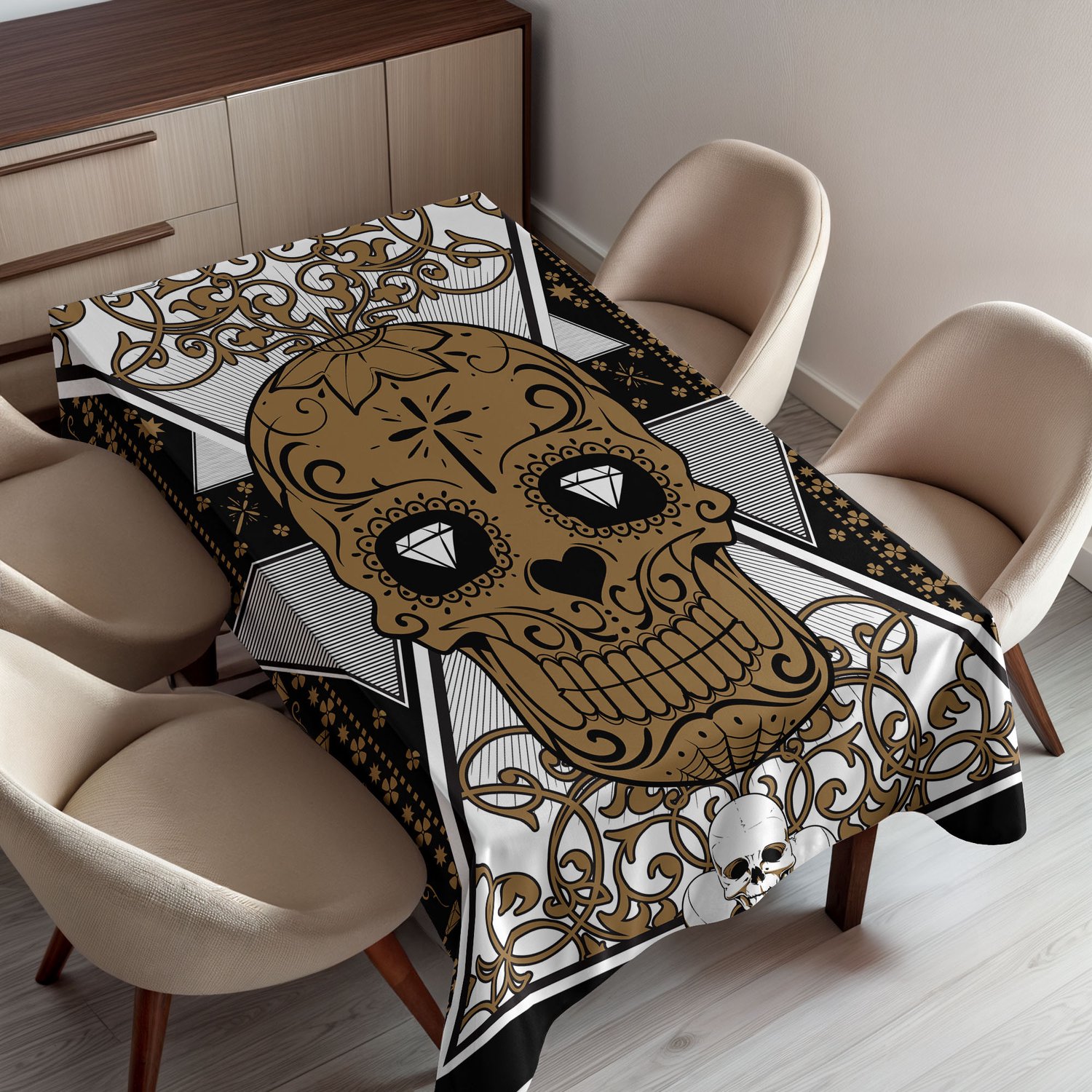 ABAKUHAUS Tattoo Tafelkleed, Schedel met Diamantogen en Bloementhema Wijnrankkunst Geïnspireerd op de Renaissance, Rechthoekig Tafelkleed voor Eetkamer Keukendecoratie, 150 x 200 cm, Bruin en Zwart