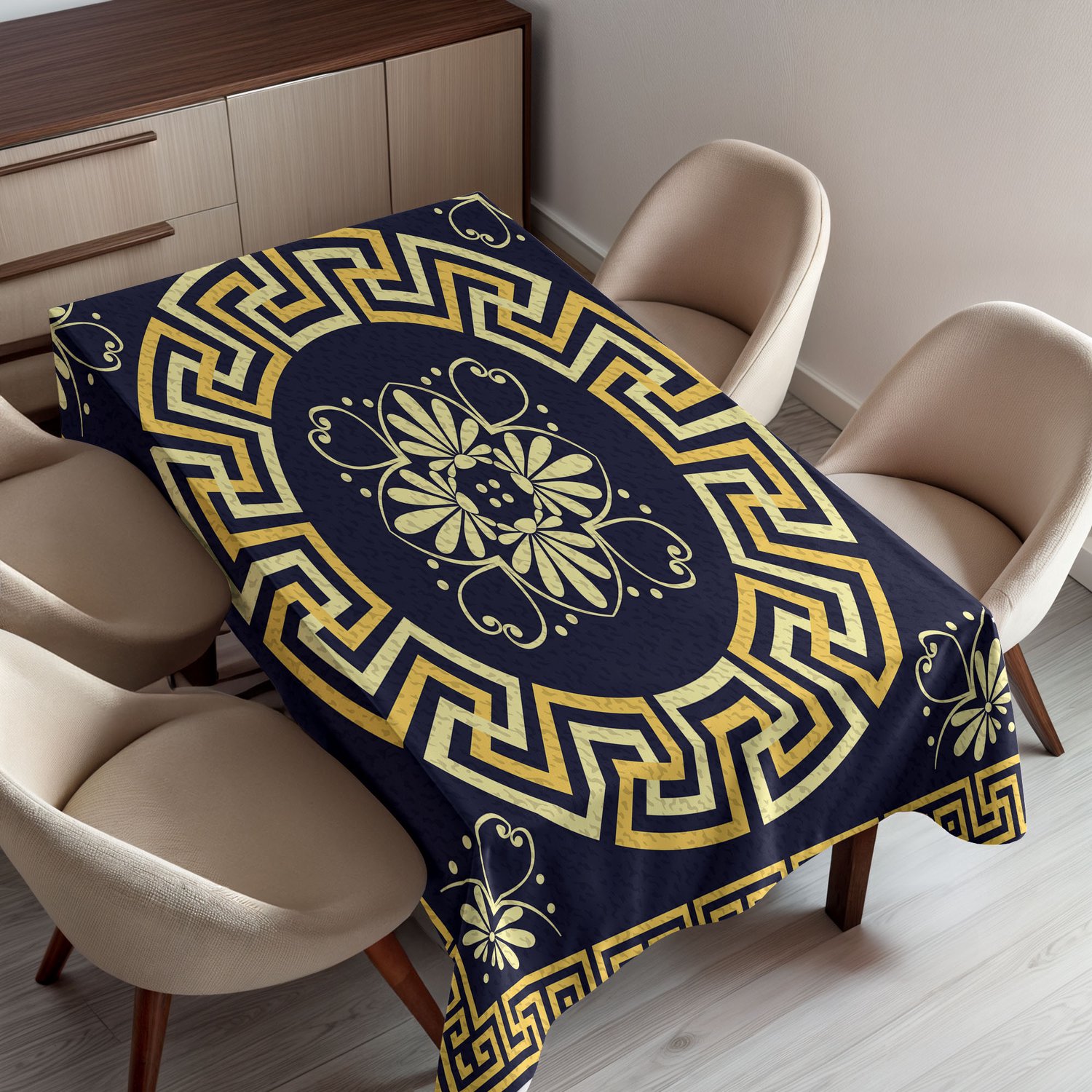ABAKUHAUS Bloemendesign Tafelkleed, Bohemien Lente Geïnspireerde Bloemendetails en Retro Verstrengelde Antieke Lijnen, Rechthoekig Tafelkleed voor Eetkamer Keukendecoratie, 150 x 220 cm, Blauw Geel