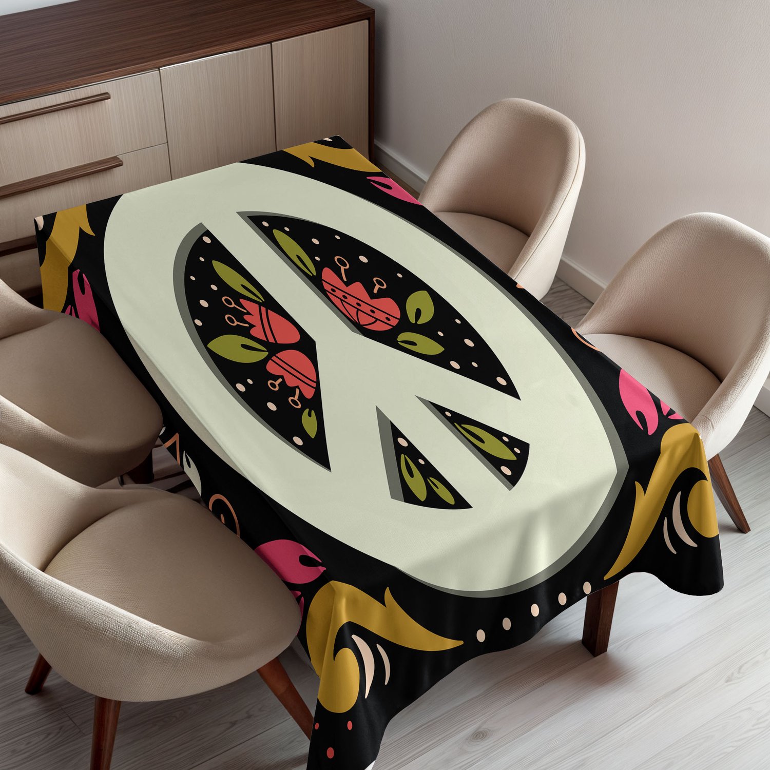 ABAKUHAUS Hippie Tafelkleed, Grafisch Vredesteken met Bloemvormen Sixties en Seventies Pacifisme Thema, Rechthoekig Tafelkleed voor Eetkamer Keukendecoratie, 150 x 200 cm, Meerkleurig
