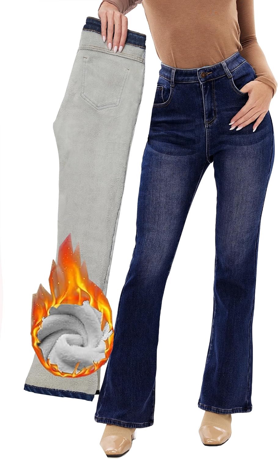 Jeans voor dames, uitlopende bootcut, winter, thermische flanellen voering, warme spijkerbroek