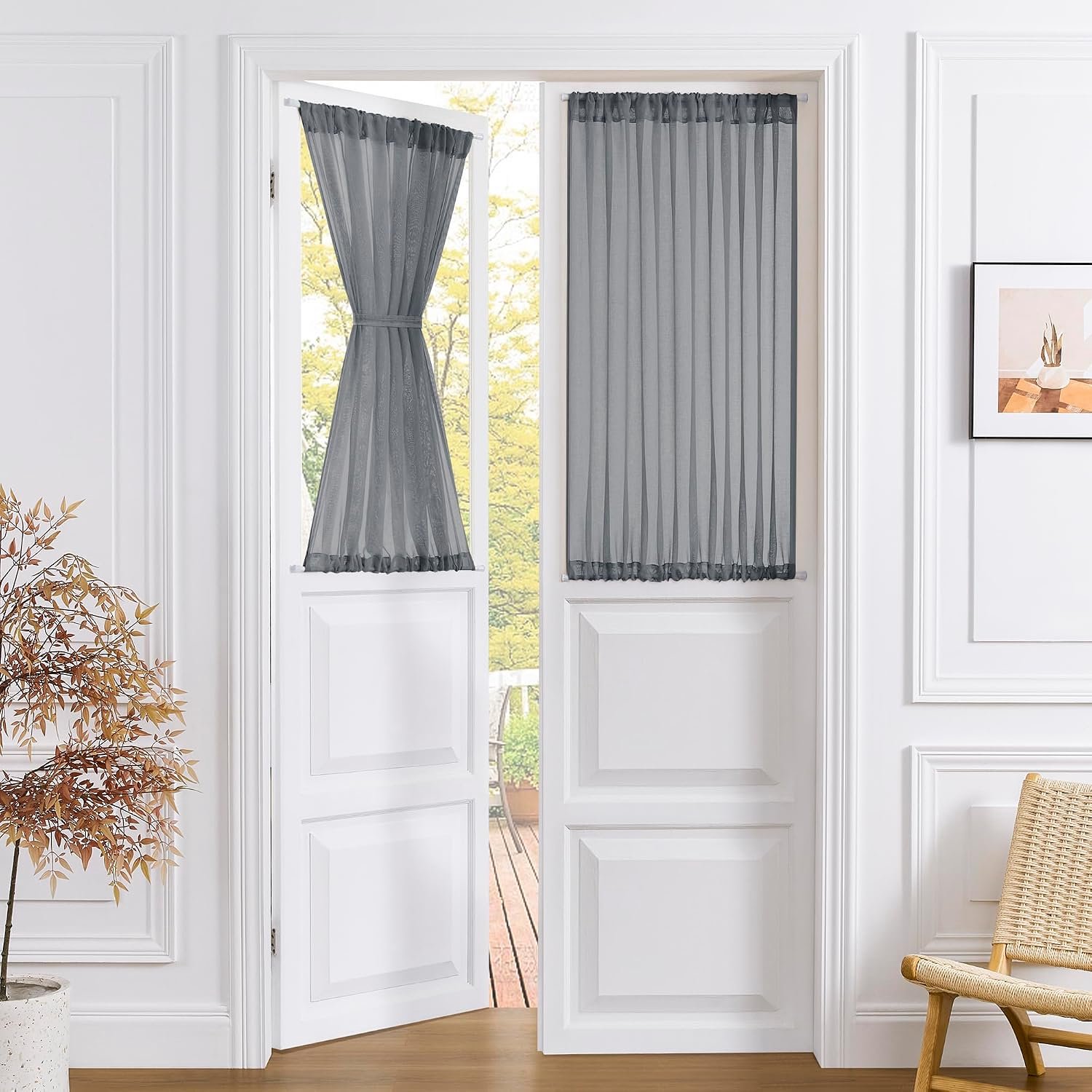 Korte doorschijnende deurgordijnen kast linnen getextureerde gordijnen pure deuropening licht filtering voile patio glazen deur roedezak gordijn Franse deur, 137 x 101,6 cm lang, donkergrijs