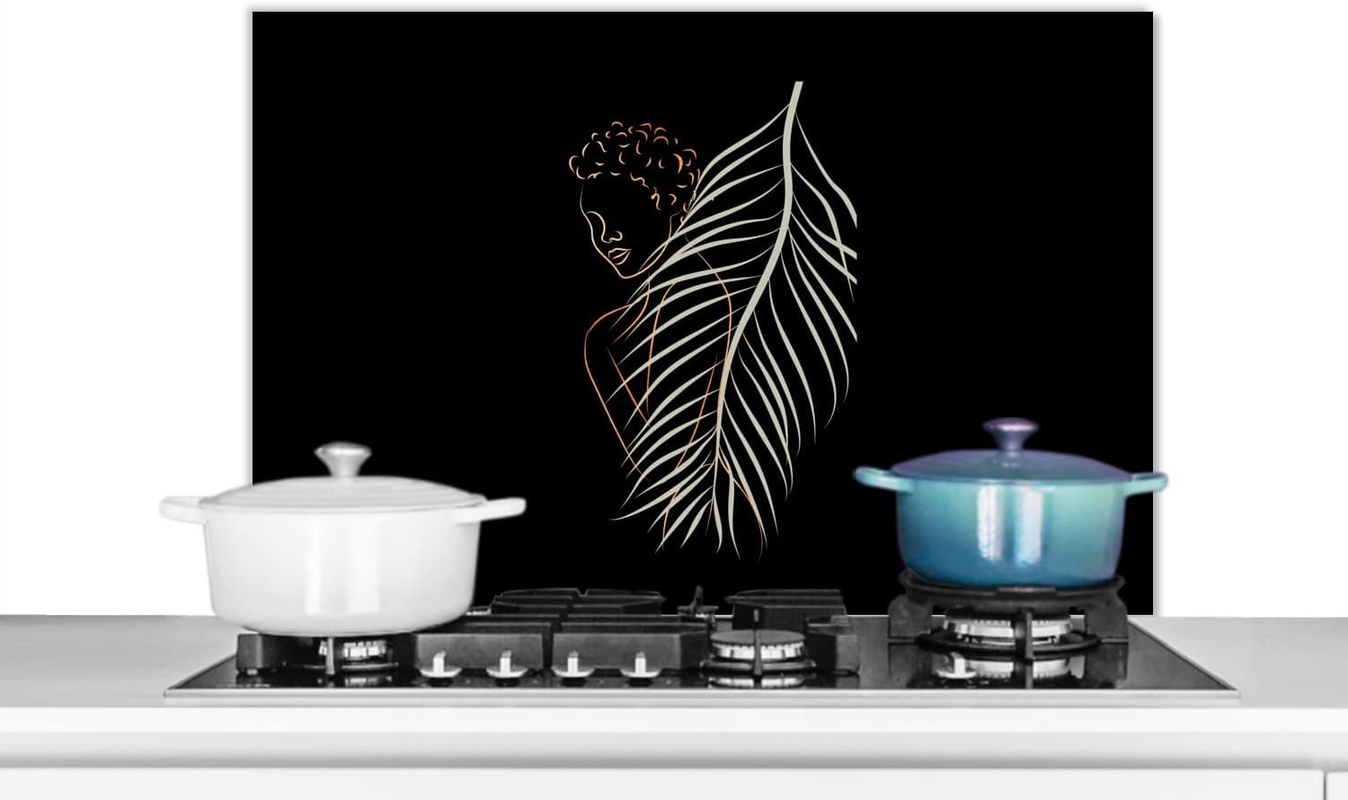 Spatscherm Keuken - 80x55 cm - Vrouw - Veer - Line art
