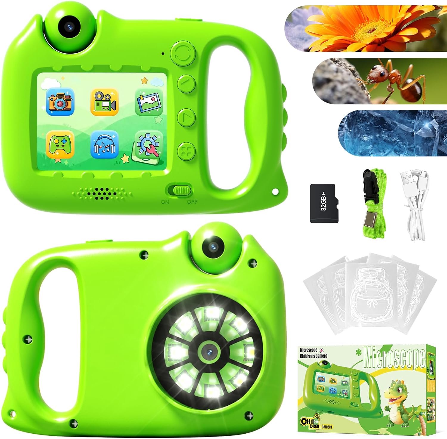 2-in-1 kindercamera, microscoop voor kinderen, 1000 x 2,4 HD-scherm, 4, 5, 6, 7, 8 jaar, kindermicroscoop, cadeau met 32G-kaart, doe-het-zelf bloemen, plantenmonsters, bladwijzers