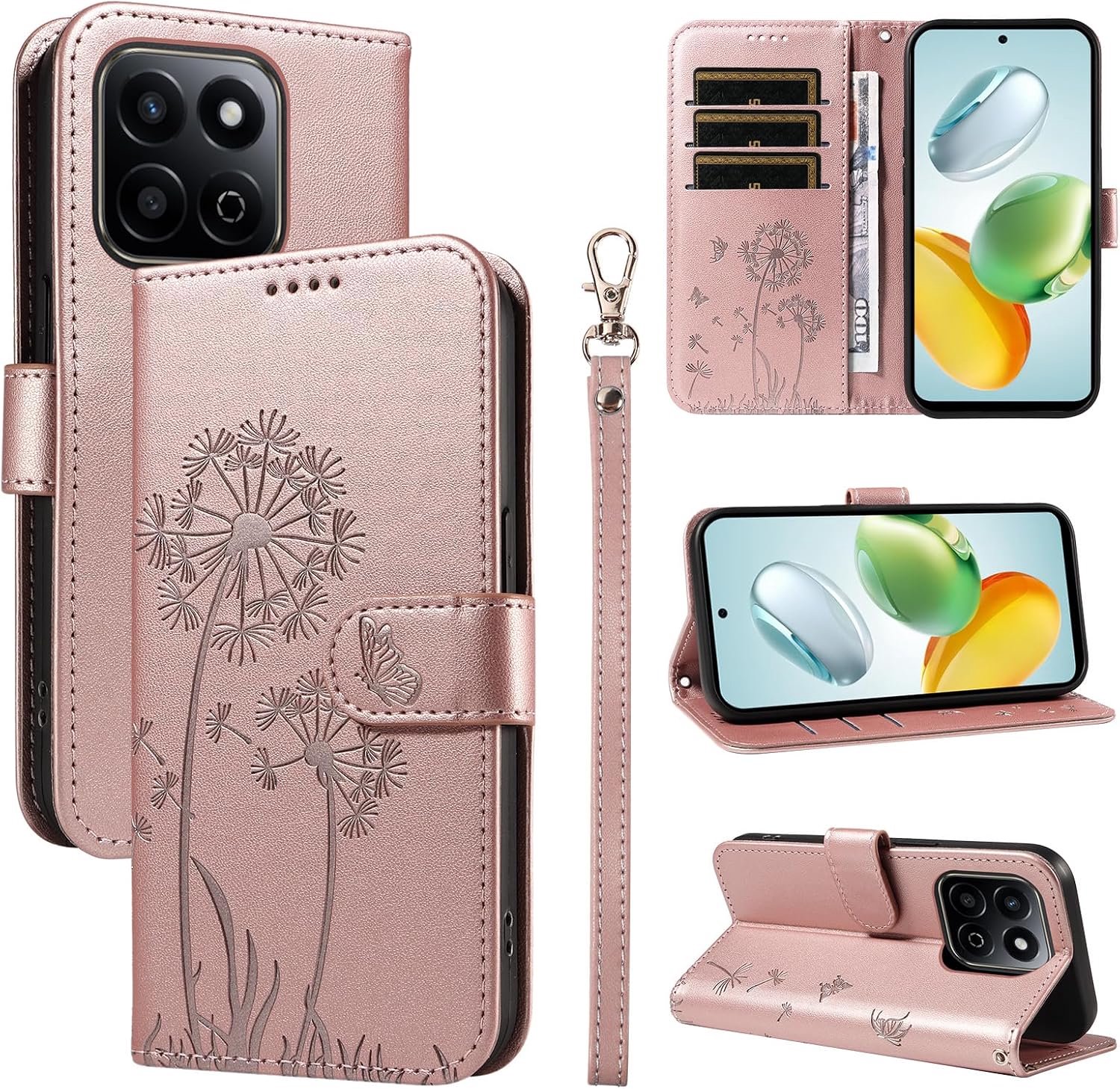 Hoesje voor Honor 200 Smart Beschermhoes, Premium PU-leer Magnetisch Klapdeksel Telefoonhoesjes met Kaart Houder en Standfunctie voor Honor 200 Smart, Roségoud