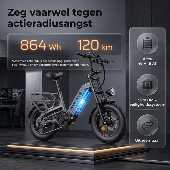 HillMiles MileLink 1 Elektrische fiets 250W, 25 km/u, hydraulische remmen, 65Nm, 16×4.0 vetbanden, achterdrager voor zware belasting, 48V 18Ah accu, stads- en terreinfiets, groen — afbeelding 2