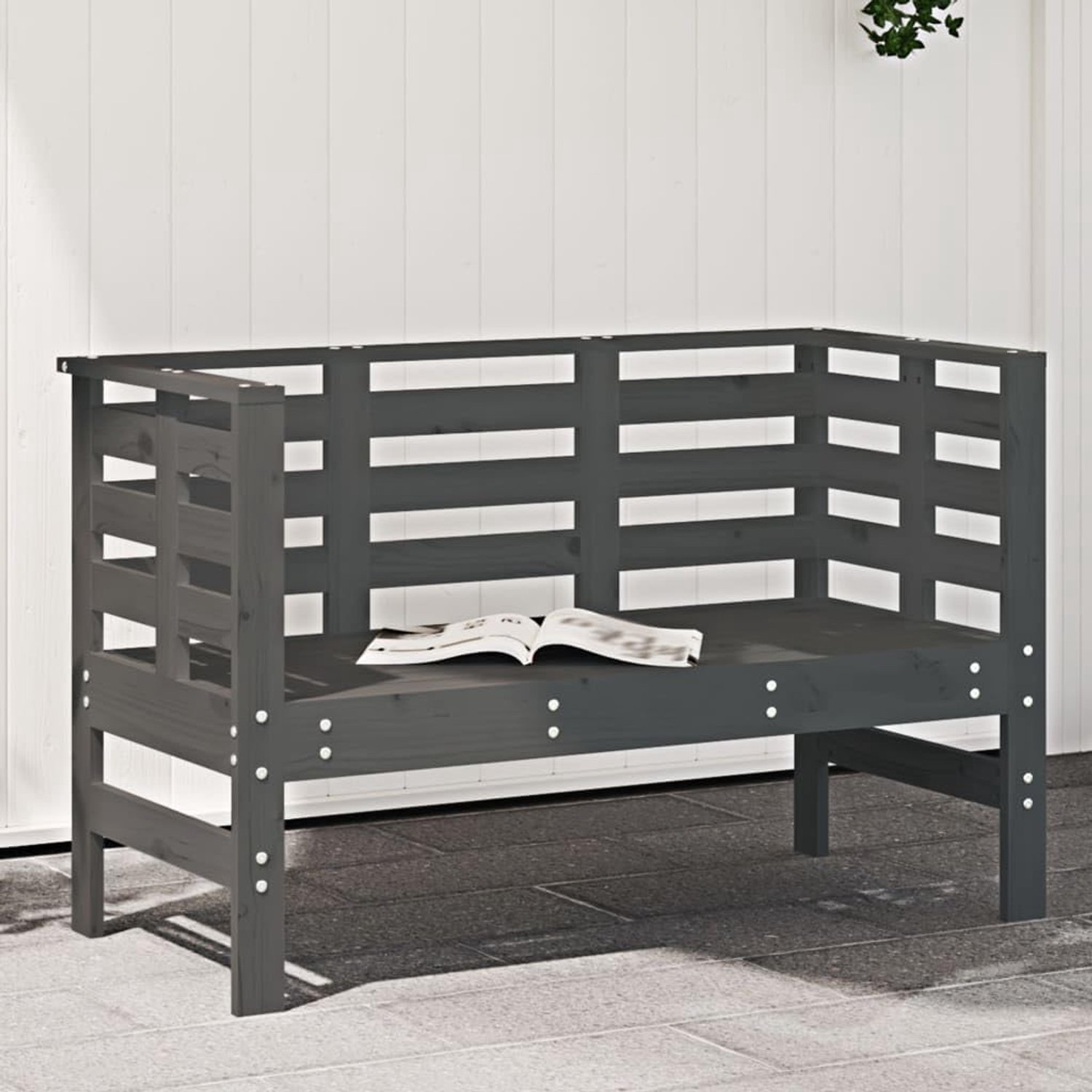 111,5x53x71 cm massief grenenhout grijs buitenbank met rugleuning en armleuningen voor tuin terras balkon veranda stevig zitmeubel lattenzitting waterafvoerend
