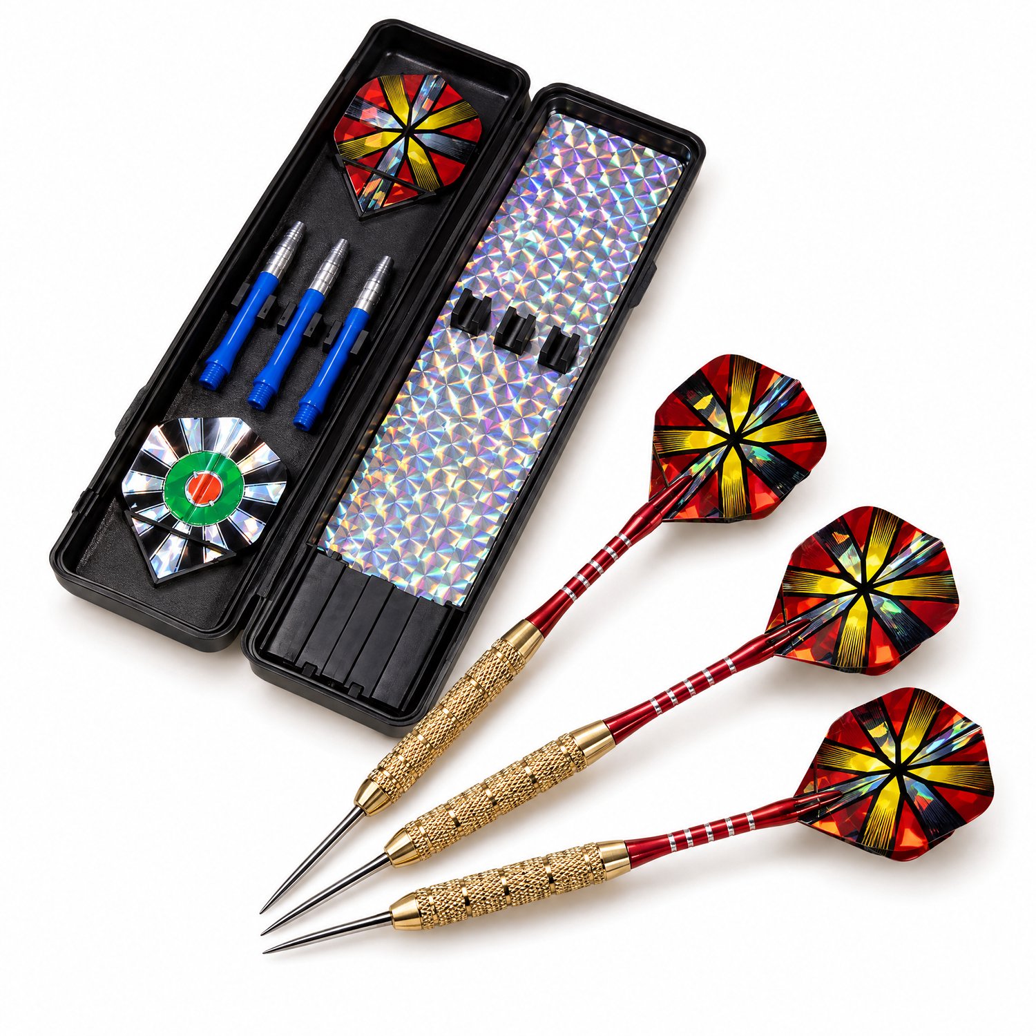 Cheqo® Dartpijlen Set van 3 - Steeltip Darts - Brass Darts met Gekartelde Grip - Complete Dartset met Opbergdoos - Inclusief 6 Flights - 3 Extra Shafts - Pijlen voor Sisal Dartbord - Darten voor Beginners en Hobbyspelers